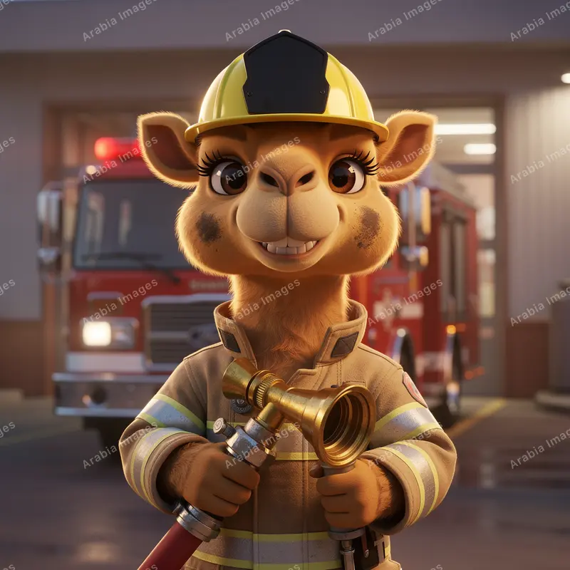 3D Cartoon Camel Firefighter in Tan Gear Outside a Fire Station