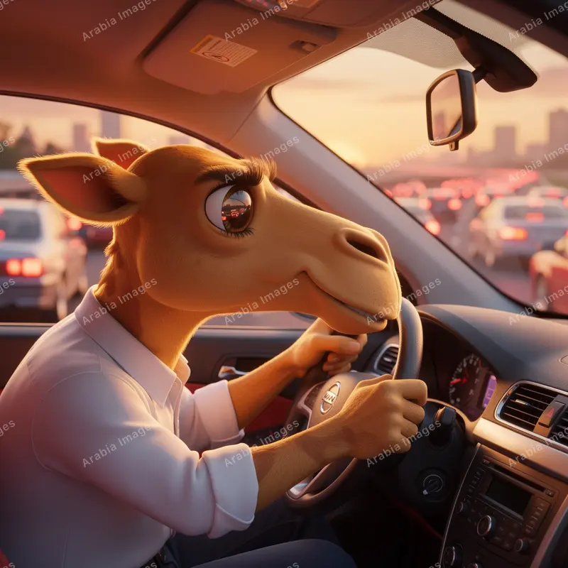 3D Cartoon Camel in a White Shirt Driving in Heavy Traffic