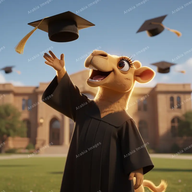3D Cartoon Camel Graduate Watching Caps Fly Before a Sandstone Hall
