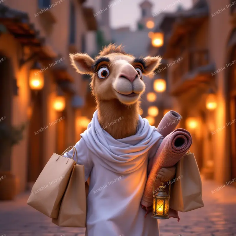 3D Cartoon Camel with Shopping Bags and a Rug in a Lantern-Lit Lane