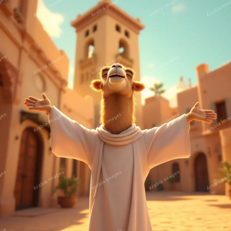 3D Cartoon Camel Spreading Its Arms Wide in a Sunny Old Town Square