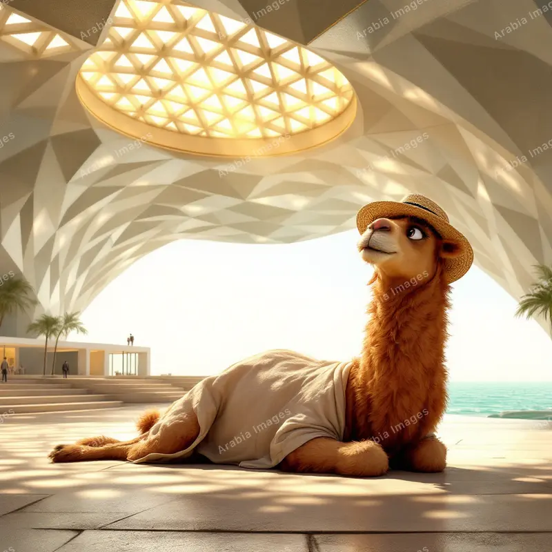 3D Cartoon Camel Lounging Under a Latticed Dome by the Sea