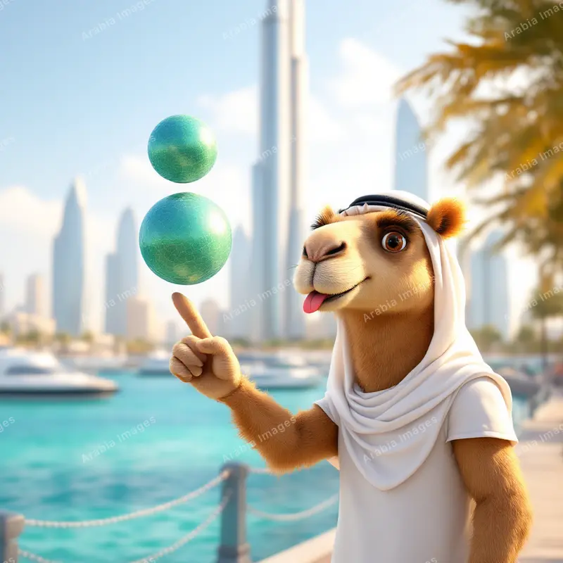 3D Cartoon Camel Balancing Two Balls on a Fingertip by a Marina