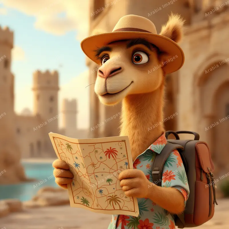 3D Cartoon Camel Tourist in a Floral Shirt Reading a Map by a Fort