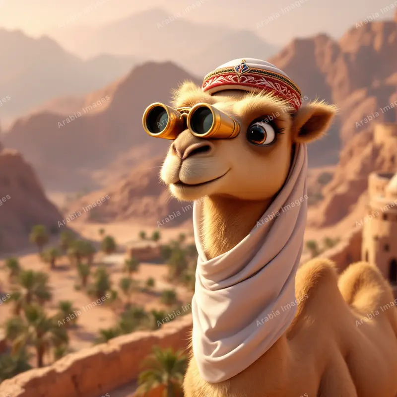 3D Cartoon Camel with Binoculars Overlooking a Mountain Palm Oasis