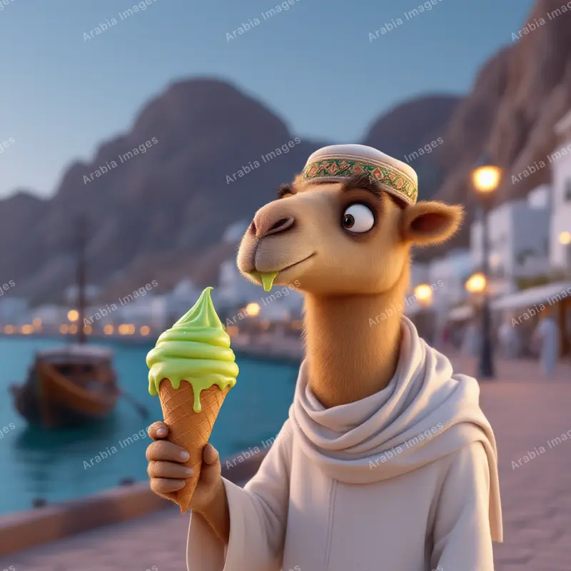 3D Cartoon Camel with a Melting Ice Cream on a Harbour Promenade
