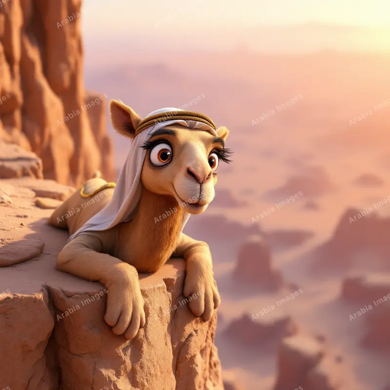 3D Cartoon Camel Peering Over a Cliff Edge Above a Hazy Canyon