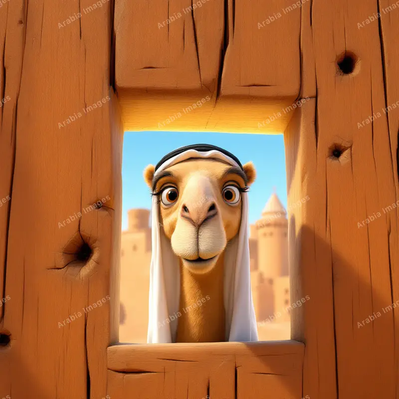 3D Cartoon Camel Peeking Through a Wooden Hatch at a Desert Citadel