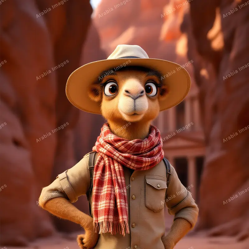 3D Cartoon Camel Explorer in a Safari Hat in a Rose-Red Rock Canyon