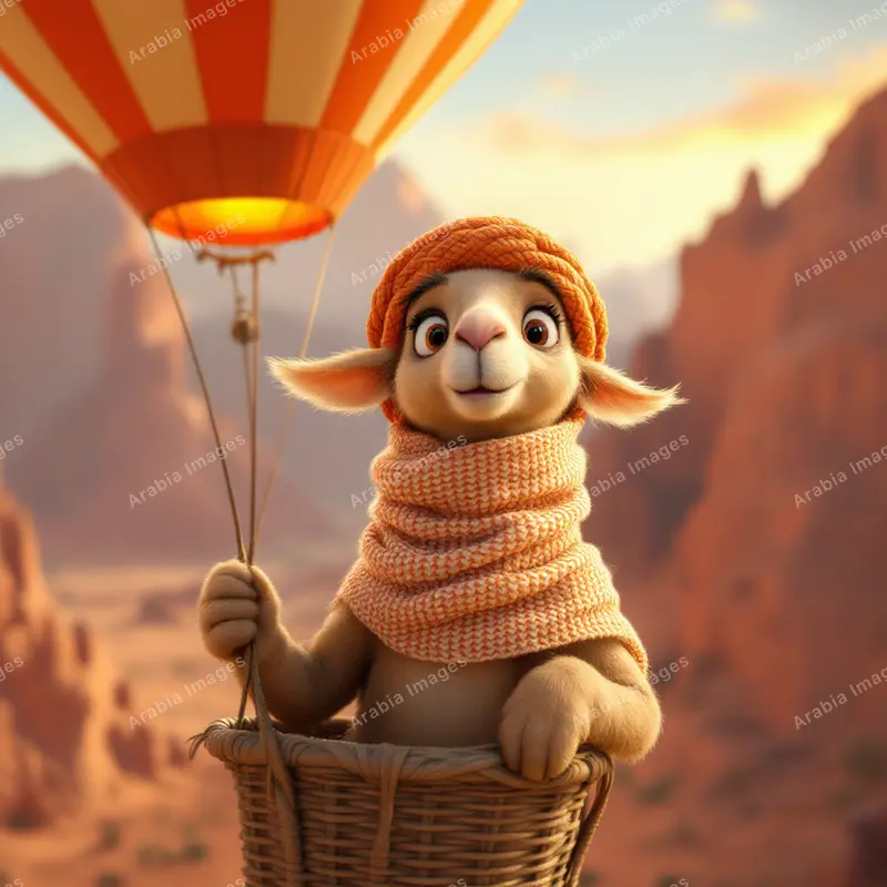 3D Cartoon Camel Riding a Hot Air Balloon Over Red Mountains