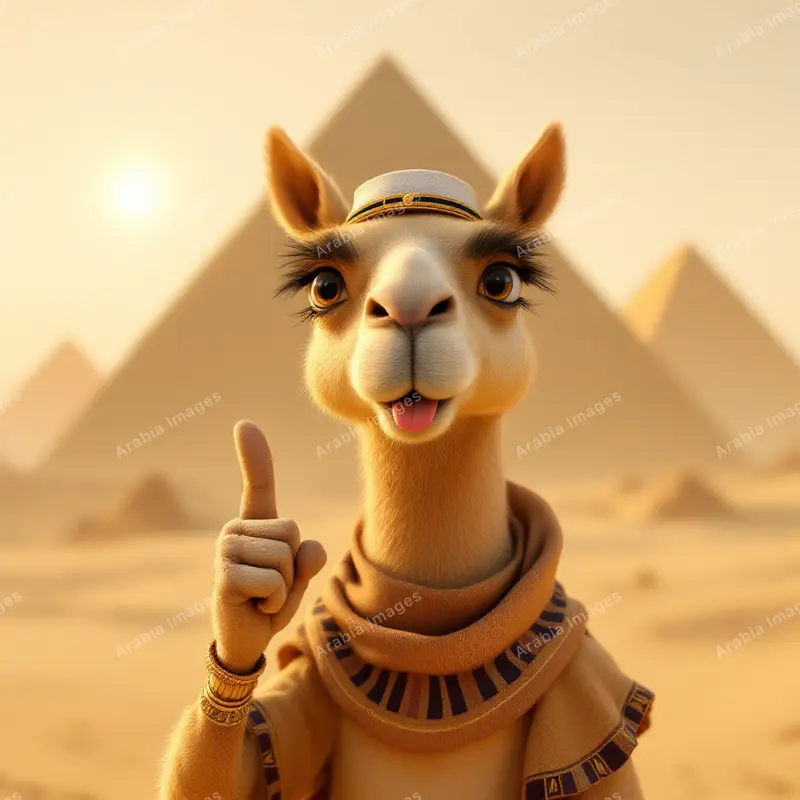 3D Cartoon Camel Raising a Finger in Front of Desert Pyramids