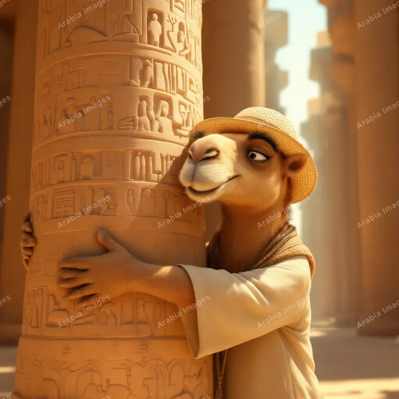 3D Cartoon Camel Hugging a Column Carved with Hieroglyphs
