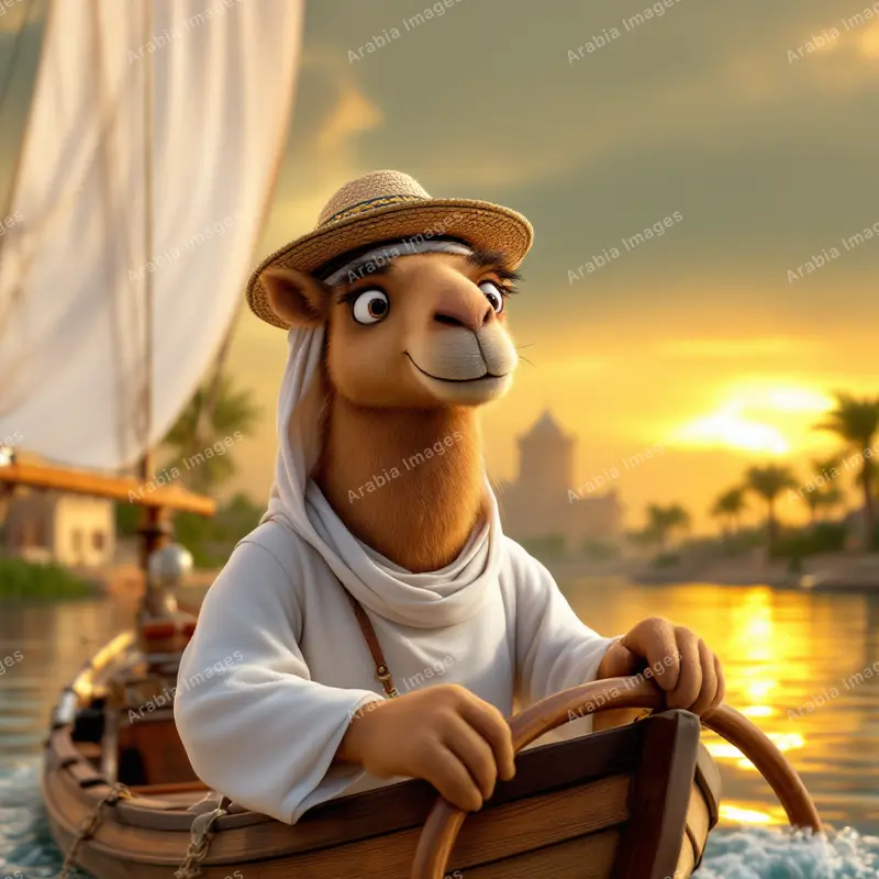 3D Cartoon Camel Steering a Sailboat on a River at Sunset