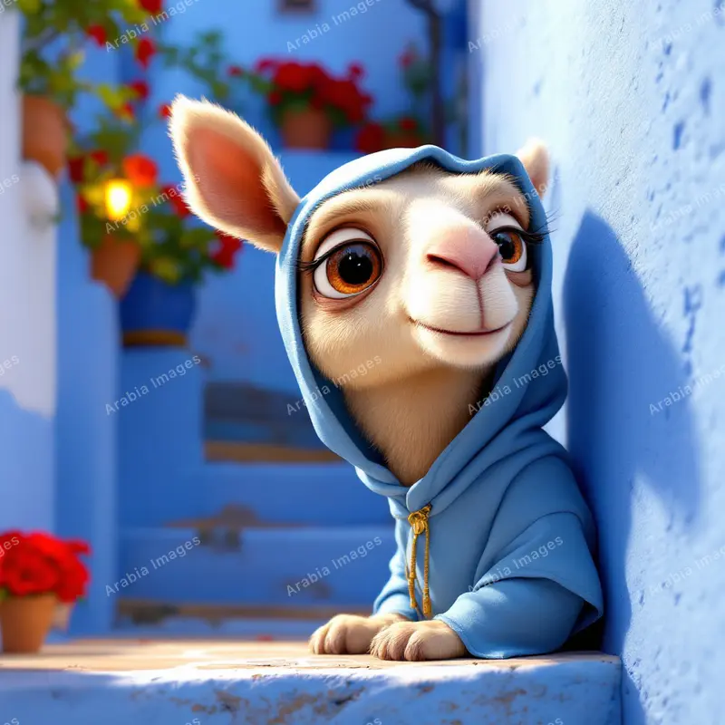 3D Cartoon Camel in a Blue Hoodie Peeking Around a Blue-Painted Wall