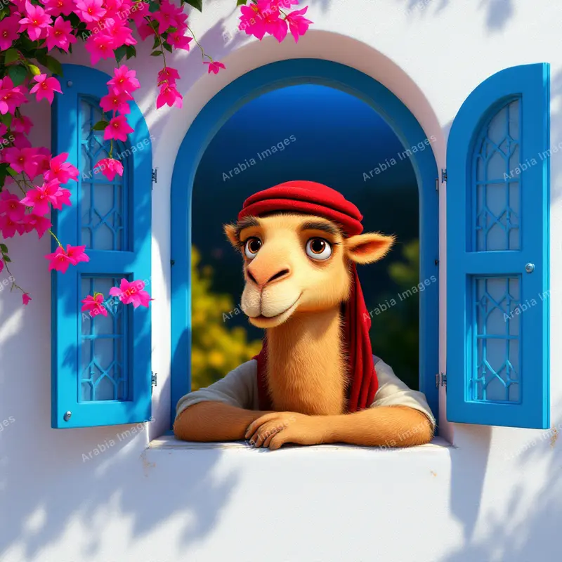 3D Cartoon Camel Leaning Out of a Blue-Shuttered Window with Flowers