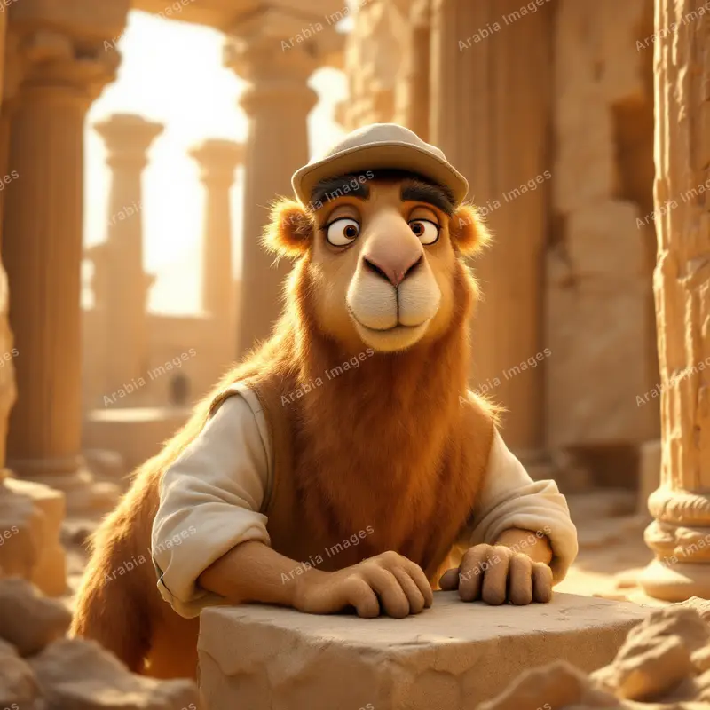 3D Cartoon Camel in a Flat Cap Leaning on a Stone Among Ancient Ruins
