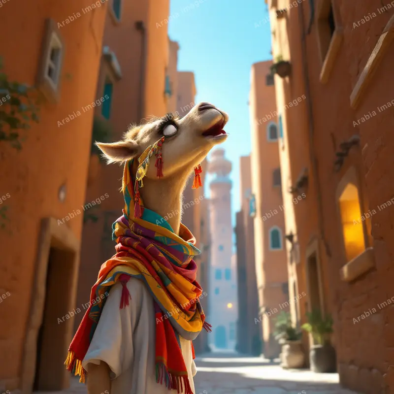 3D Cartoon Camel in a Colourful Scarf Gazing Up in a Terracotta Alley