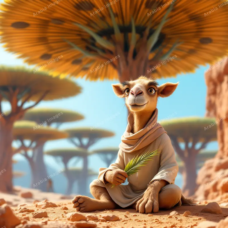 3D Cartoon Camel Sitting Cross-Legged Under Umbrella-Shaped Trees