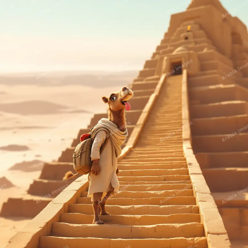 3D Cartoon Camel with a Backpack Climbing a Stepped Pyramid
