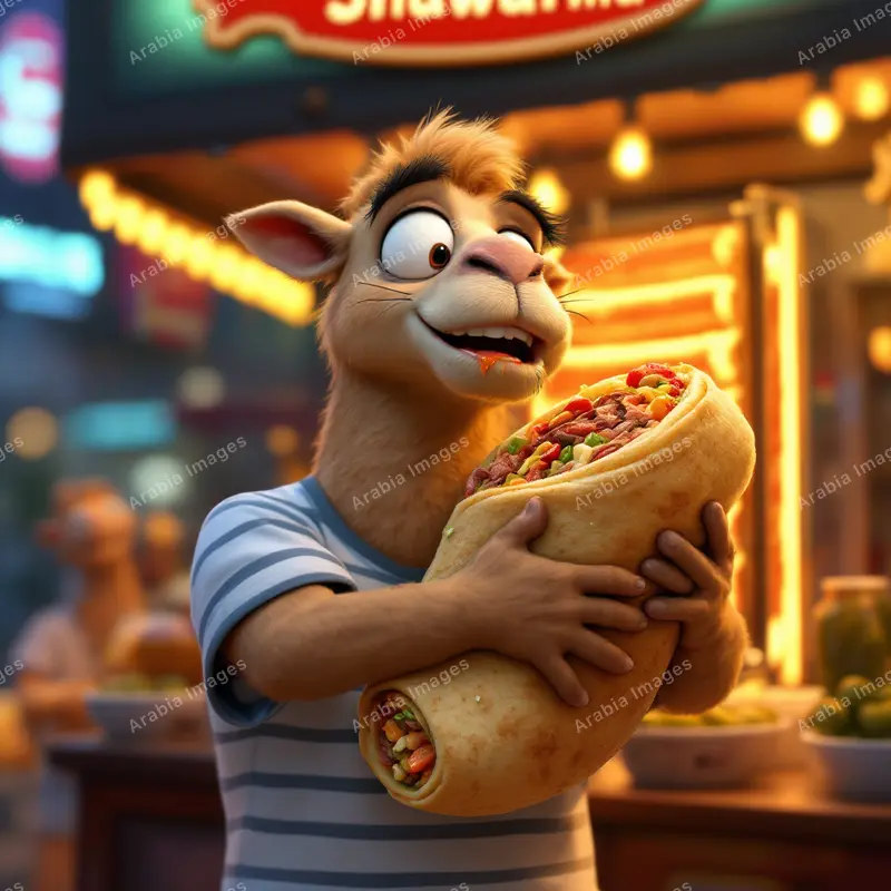 3D Cartoon Camel Hugging a Giant Shawarma Wrap at a Food Stall