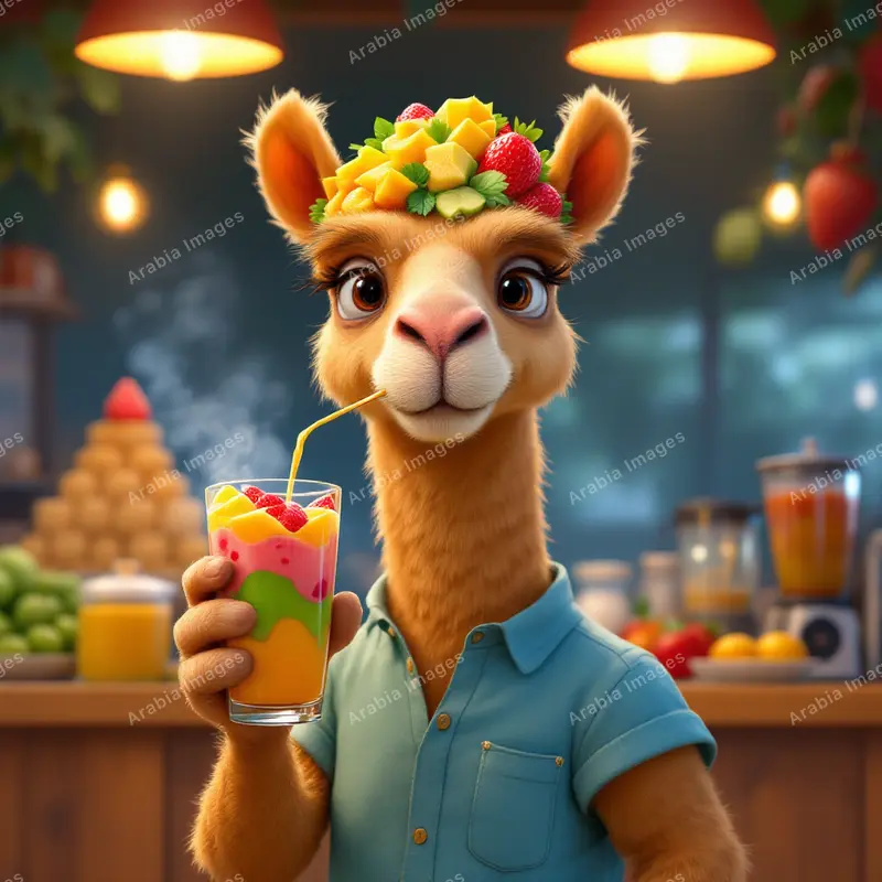 3D Cartoon Camel with Fruit on Its Head Sipping a Fruit Cocktail