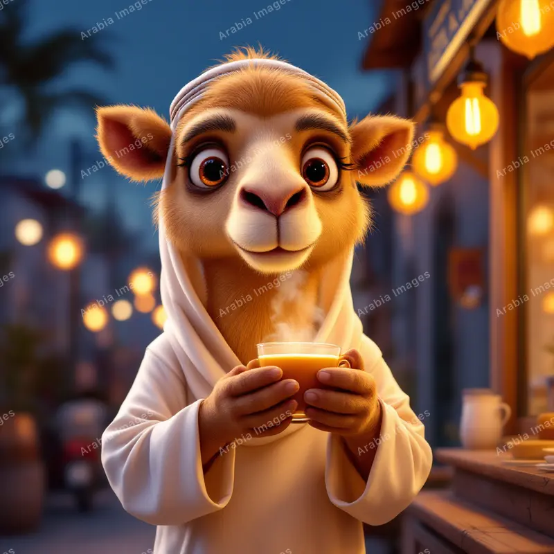 3D Cartoon Camel Holding a Steaming Glass of Tea on an Evening Street
