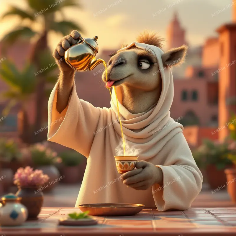3D Cartoon Camel Pouring Tea from a Height into a Small Cup