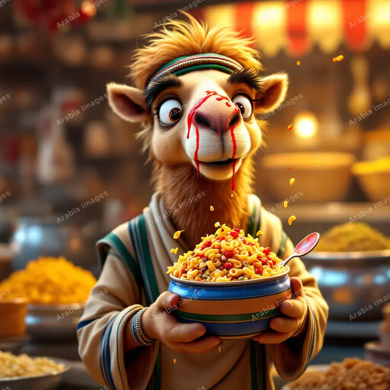 3D Cartoon Camel with Sauce on Its Face Holding a Bowl of Pasta