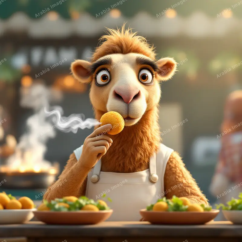 3D Cartoon Camel in an Apron Biting a Steaming Fried Ball