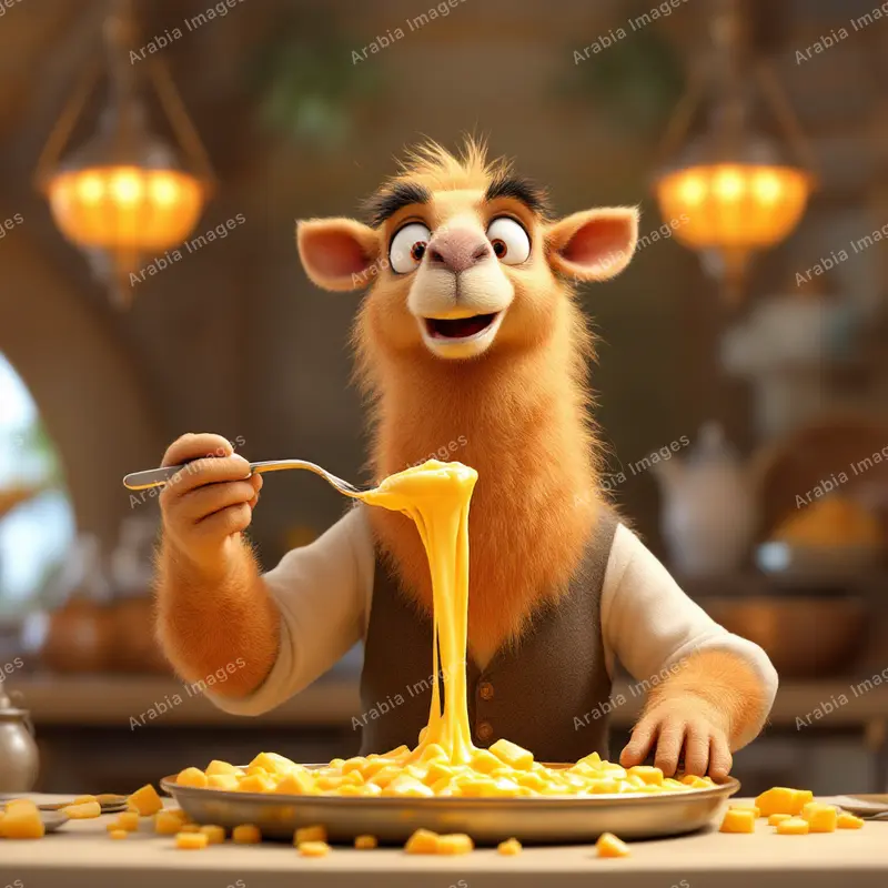3D Cartoon Camel Lifting a Long Stretch of Melted Cheese on a Fork