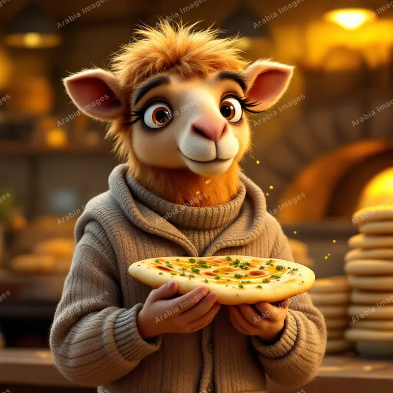 3D Cartoon Camel in a Cardigan Holding a Flatbread in a Bakery