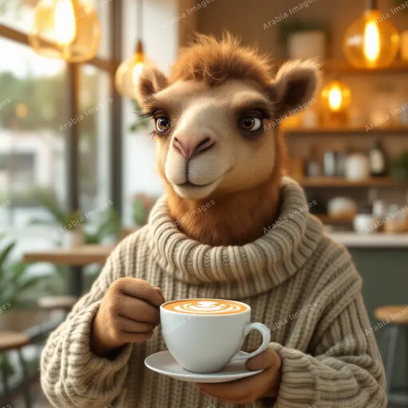 3D Cartoon Camel in a Chunky Turtleneck Holding a Latte in a Café