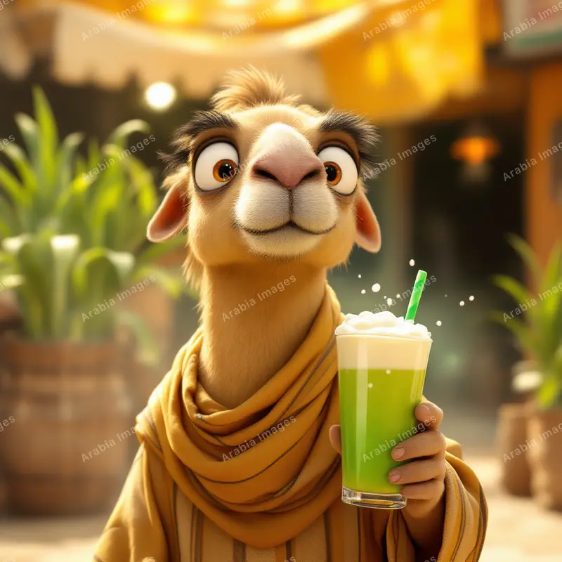 3D Cartoon Camel in a Mustard Scarf Holding a Frothy Green Juice