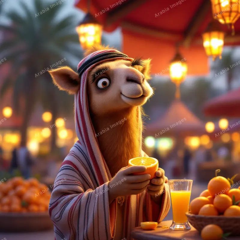3D Cartoon Camel Squeezing an Orange Beside a Glass of Fresh Juice