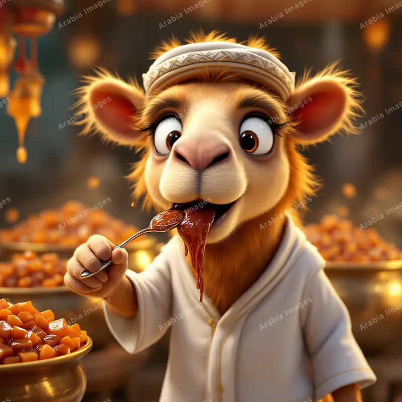 3D Cartoon Camel Slurping Sticky Syrup from a Spoon at a Sweet Stall