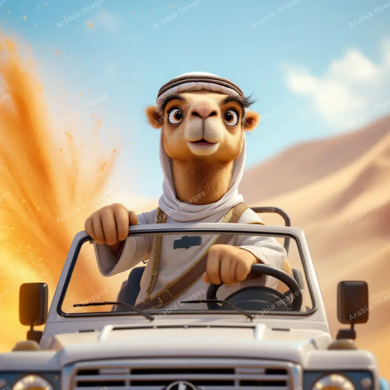 3D Cartoon Camel Driving an Open-Top 4x4 Through Desert Sand