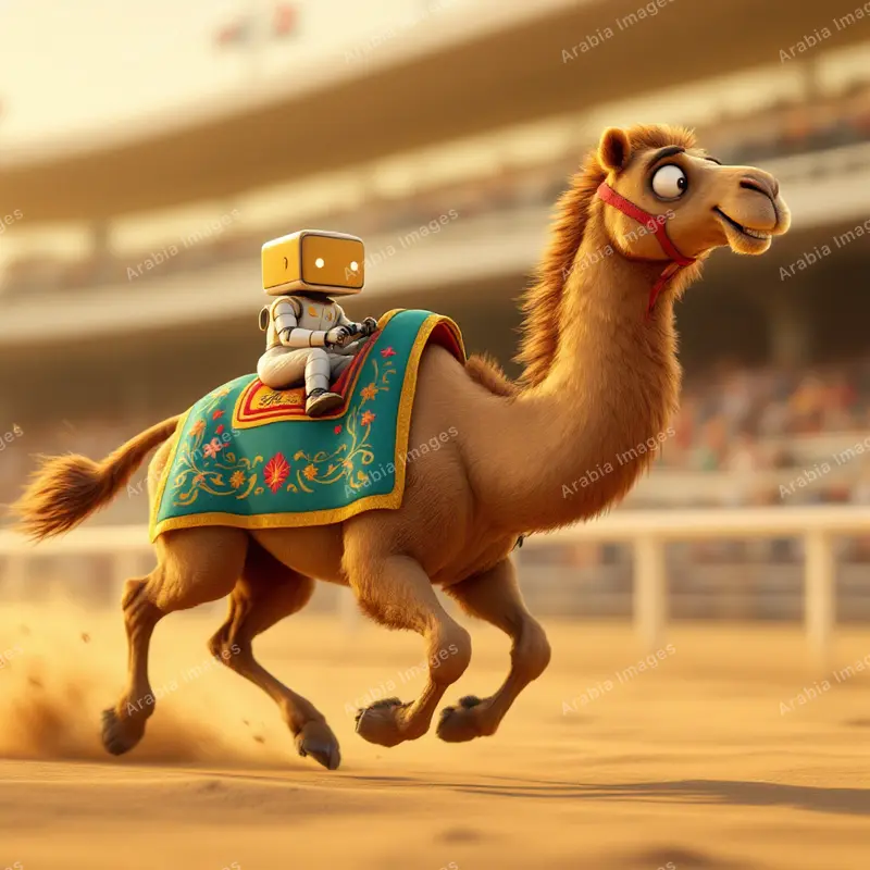 3D Cartoon Racing Camel Galloping with a Tiny Robot Jockey