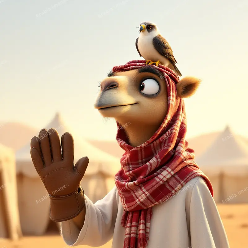 3D Cartoon Camel with a Falcon Perched on Its Head at a Desert Camp