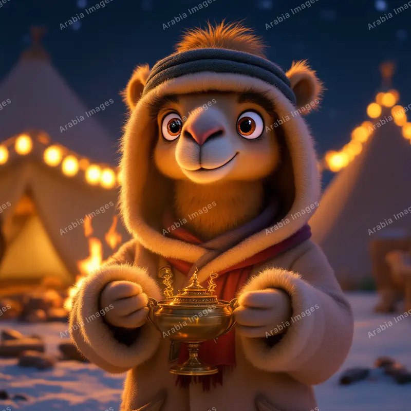 3D Cartoon Camel in a Fur Hood Holding an Incense Burner at Night