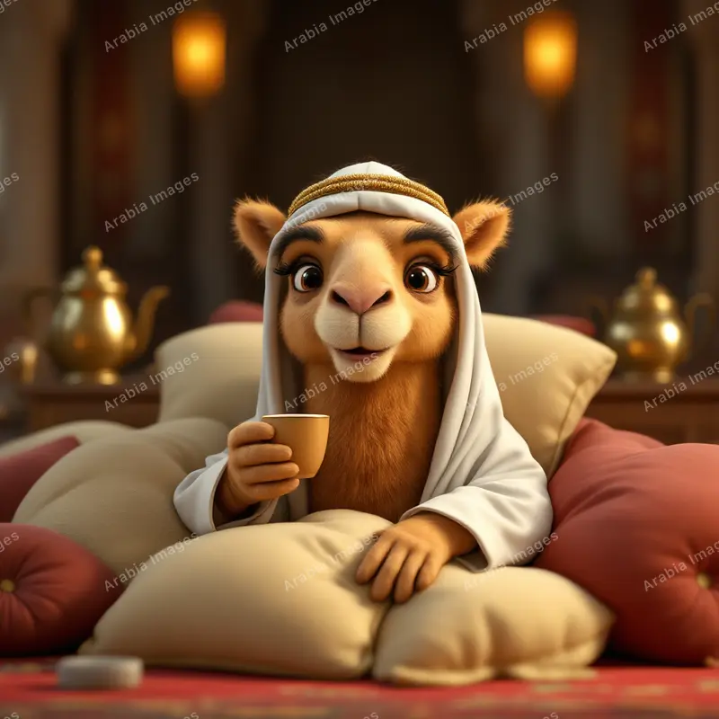 3D Cartoon Camel Relaxing on Floor Cushions with a Small Cup of Coffee