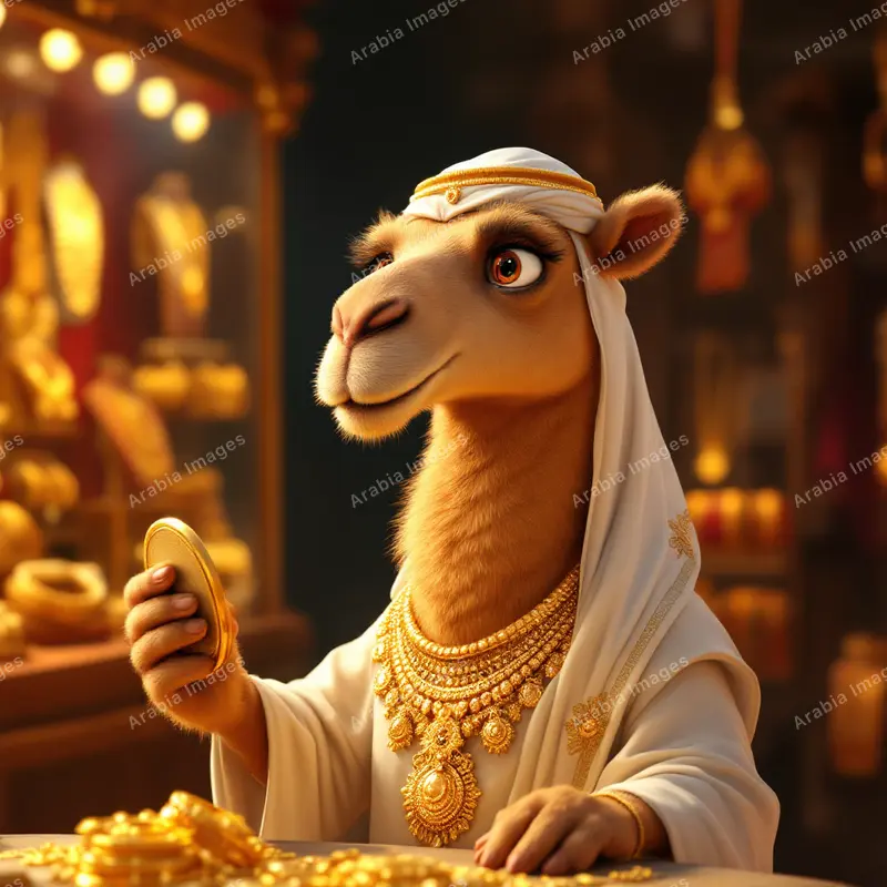3D Cartoon Camel Holding a Gold Coin in a Jewellery Shop