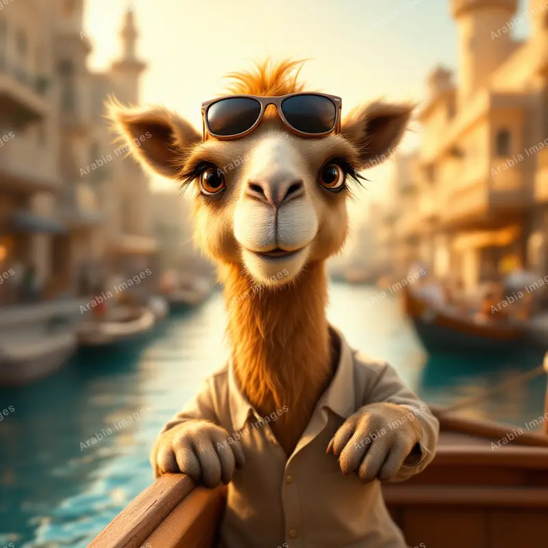 3D Cartoon Camel with Sunglasses Leaning on a Boat Rail by a Creek