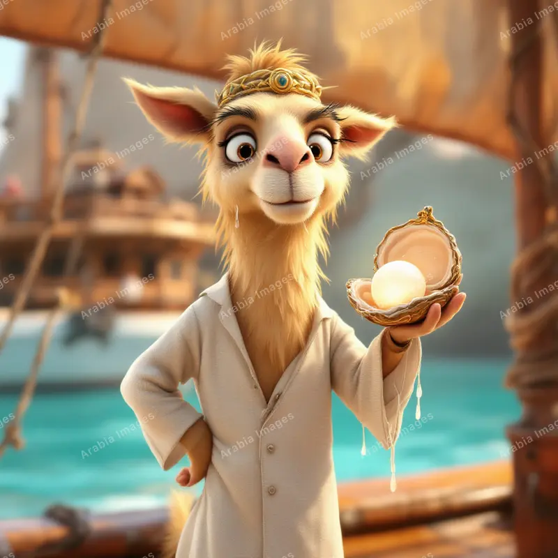 3D Cartoon Camel Holding an Open Oyster with a Pearl on a Wooden Boat