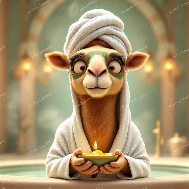3D Cartoon Camel in a Towel Turban and Face Mask at a Spa