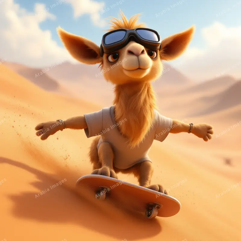 3D Cartoon Camel in Goggles Riding a Skateboard Down a Sand Dune