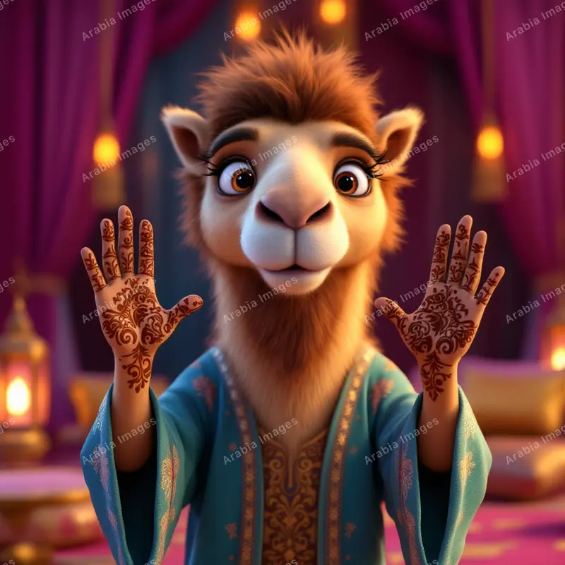 3D Cartoon Camel Showing Henna-Patterned Palms in an Embroidered Robe