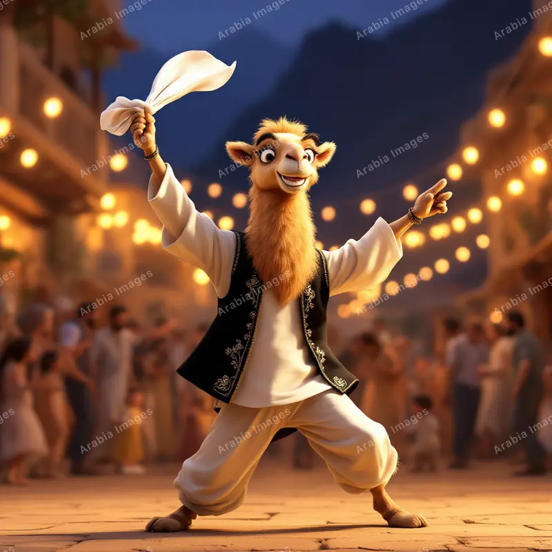 3D Cartoon Camel Dancing and Waving a White Cloth at a Night Festival