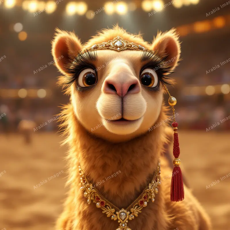 3D Cartoon Camel Close-Up in a Jewelled Headpiece and Necklace