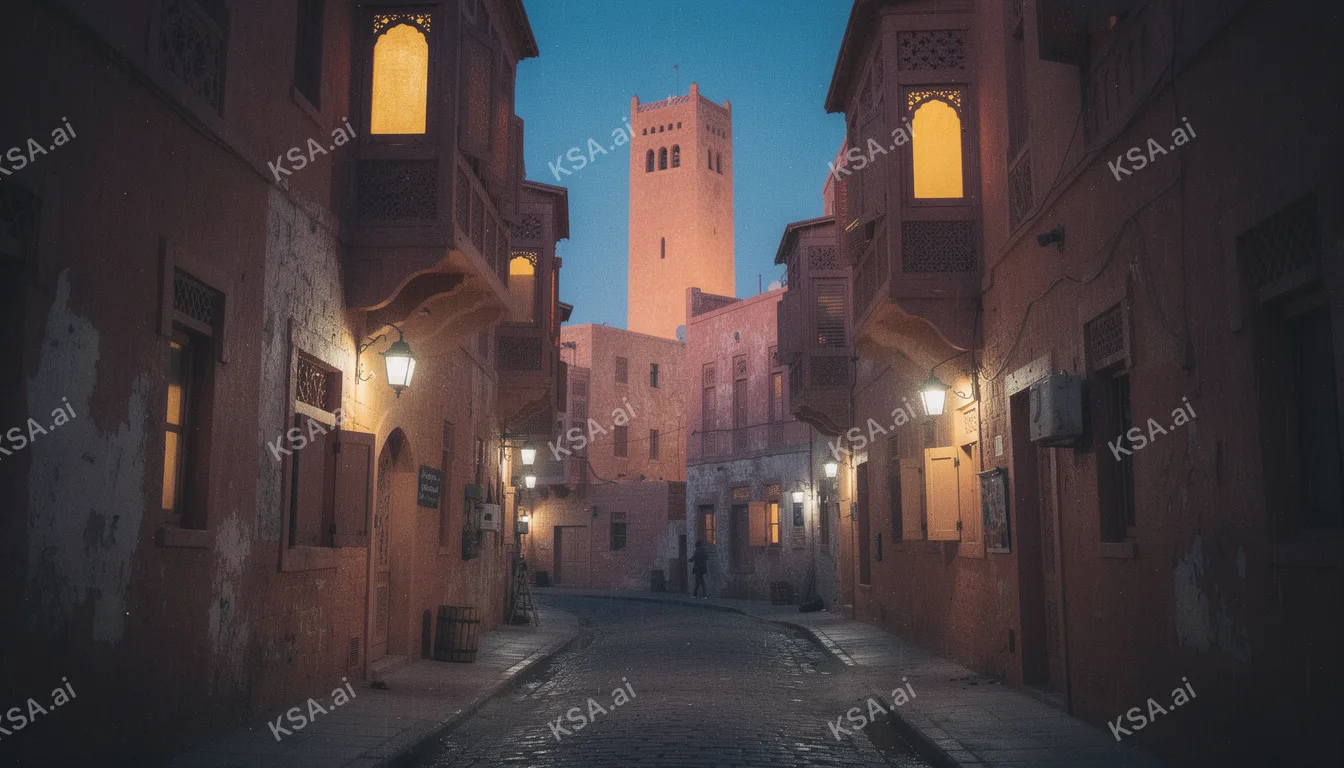 historic Jeddah's Al Balad coral-stone houses في blue hour