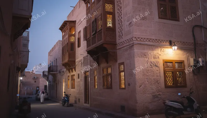 historic Jeddah's Al Balad coral-stone houses في blue hour